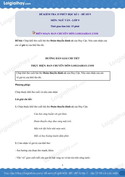 Đề kiểm tra 15 phút Văn 9 - Đề số 9